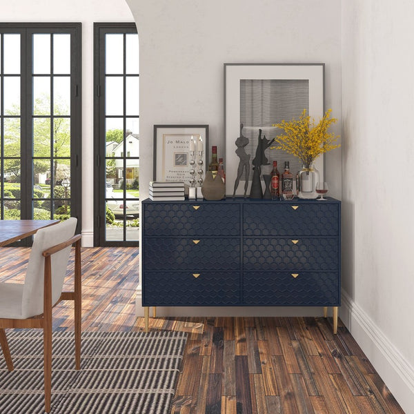 English Elm 6-drawer Honeycomb Veneer Chest with Gold Legs Geometric Bedroom Storage Cabinet T3609P482835
