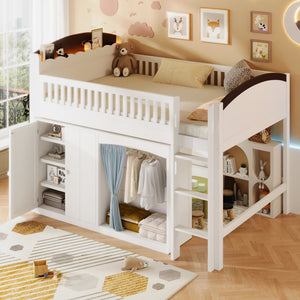 English Elm Twin Loft Bed with Wardrobe Cabinet Led Lighting and Pine Frame for Kids Rooms White N7090002236K