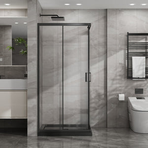English Elm Goodyo Corner Shower Stall Tempered Glass Sliding Door Matte Black Base Included W1223S00041