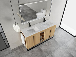 English Elm 60" Freestanding Bathroom Vanity with Dual Resin Sink, 4 Soft-Close Doors, 3 Open Shelves & Towel Hanger, Plywood Storage Boxes, Modern Durable Hardware W999S00480