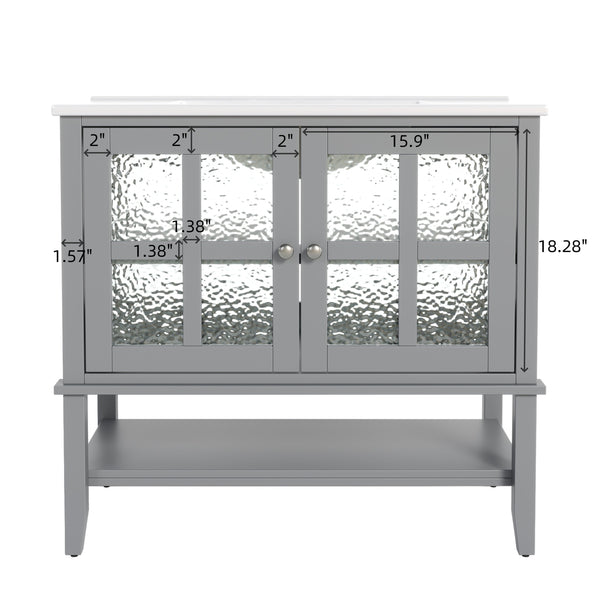 English Elm Christopher Knight Home® - 36" Bathroom Vanity with Ceramic Sink, Solid Wood Legs, Waterproof Finish, Soft-Close Hinges, Open Shelf, Silver Knobs Gray N817P286249G