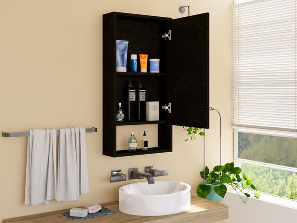 English Elm Medicine Cabinet Matte Black Mirrored Door with Open Shelf for Modern Bathrooms B097133126