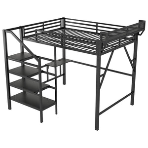 English Elm Queen Metal Loft Bed with Staircase Storage Foldable Desk and Built-in Charging W2580S00073