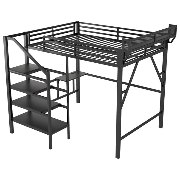 English Elm Queen Metal Loft Bed with Staircase Storage Foldable Desk and Built-in Charging W2580S00073