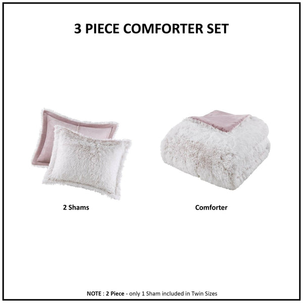 English Elm 2 Piece Shaggy Faux Fur Twin Comforter Set Hypoallergenic Cozy Textural Bedding Pink+White B035P319586