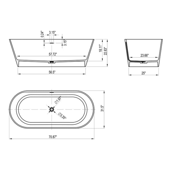 English Elm 71 Inch Solid Surface Freestanding Soaking Tub Matte White Spa Bath Ergonomic W1613P368820