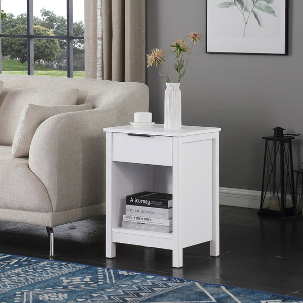English Elm Nightstand with Drawer | 3-Tier Modern Bedside Table with Hidden Drawer, Open Shelves, Sturdy Build White 26 L x 17 W x 5.1 H W3151P345749