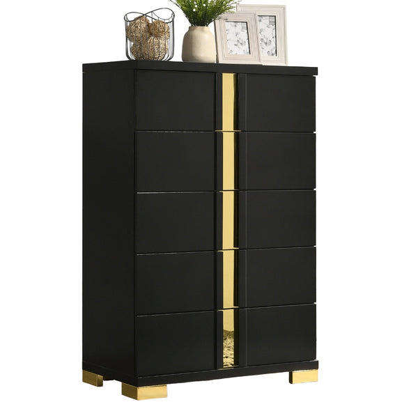 English Elm Black Sleek Chest with Gold Accents and Acrylic Trim, Dust‑Proof Drawers, Metal Bracket Legs, Modern Appeal Black,Gold 20 L x 35 W x 50 H B2741P370857