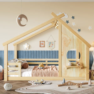 English Elm Twin House Bed Low Profile Pine Wood Frame with Shelf Montessori Kids Floor Sleeping Natural W5305P429645