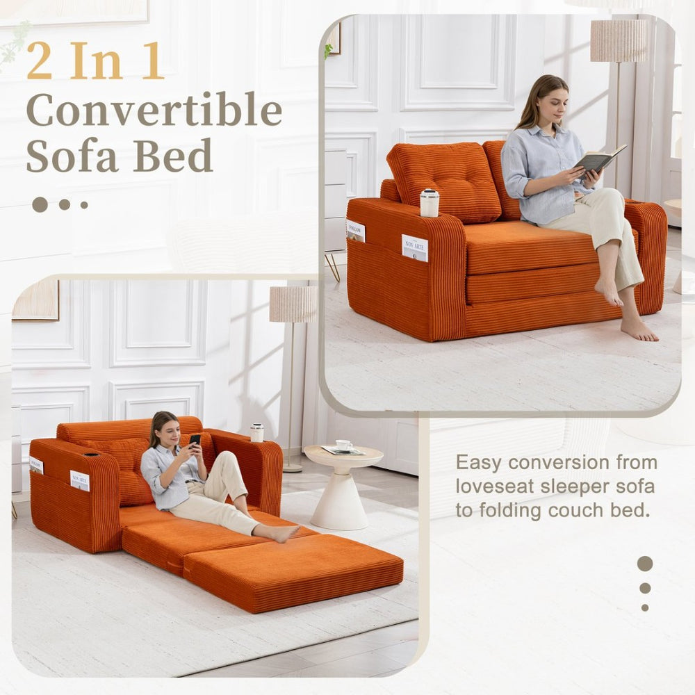 English Elm Convertible Floor Sofa Bed with Memory Foam and Ribbed Corduroy for Small Spaces Orange W395P438028