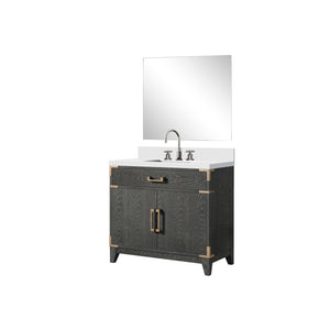 English Elm Black Oak Single Bath Vanity Set With White Quartz Top, 34" Mirror & Chrome Faucet For Stylish Storage B2731S02220