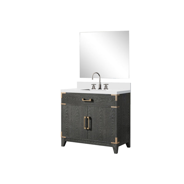 English Elm Black Oak Single Bath Vanity Set With White Quartz Top, 34" Mirror & Chrome Faucet For Stylish Storage B2731S02220
