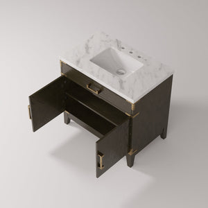 English Elm Brown Oak Single Bath Vanity With Carrara Marble Top, Elegant Design, Soft-Close Doors & Storage Solutions B2731P259775