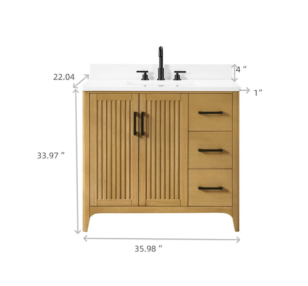 English Elm 36 Inch Solid Wood Bathroom Vanity with Built-in Power Station and Soft-close Drawers W2316P380508