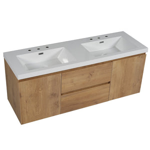 English Elm [video]59.3 Inch Wall Mounted Double Sink Vanity Wood Grain Mdf Soft Close Storage N729P000026N