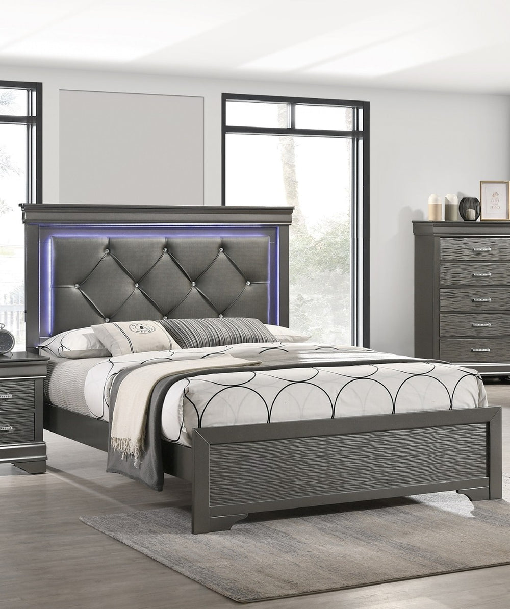 English Elm Dark Faux Leather Diamond Tufted Eastern King Bed with Built in Led Ambient Headboard Dark Gray,Gray B011S02089