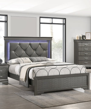 English Elm Dark Faux Leather Diamond Tufted Eastern King Bed with Built in Led Ambient Headboard Dark Gray,Gray B011S02089