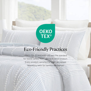 English Elm 3-piece King Yarn Dyed Cotton Duvet Set with Pompom Jacquard Stripe Percale Reverse Blue B035P482897