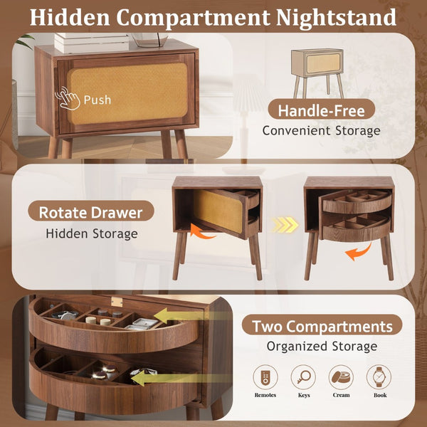 English Elm Rotating Rattan Nightstand Push Open Hidden Storage Mid Century Wood Leg Bedside Walnut N761P288451N