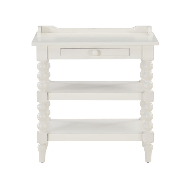English Elm Aria Antique White Nightstand with Pull-Out Tray, Two Shelves & Spool Turned Legs — Vintage Chic B050P376971