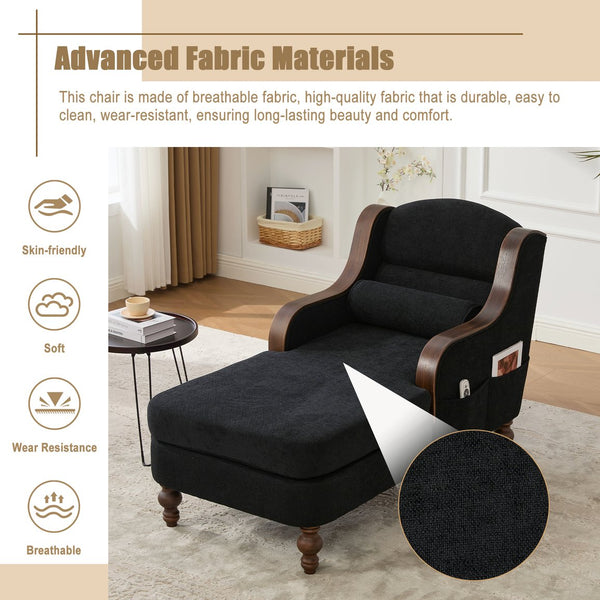 English Elm UNITED Oversized Chaise Lounge Sofa Bed with Solid Wood Arms, High-Resilience Foam, 800lb Capacity and Storage Pockets Black W1568S00208