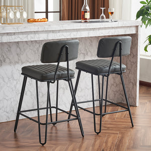 English Elm Industrial Bar Stools Set of 2 — Counter Height PU Leather Seats, Sturdy Metal Frame, Ergonomic Backrest and Footrest for Kitchen Island and Home Bar Grey W1901P264278