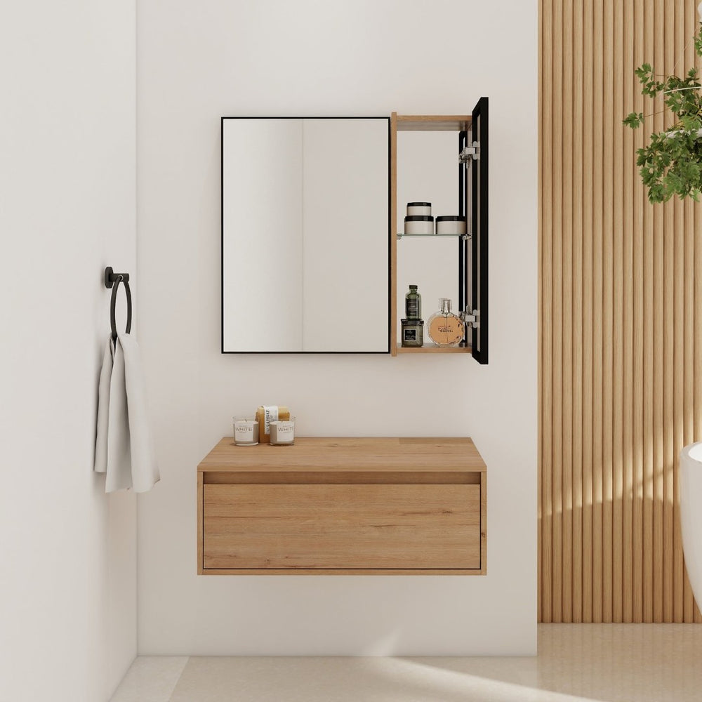 English Elm 30'' Wall Mounted Mirror Cabinet Black Aluminum Acrylic Door Floating Bathroom Storage W999S00538