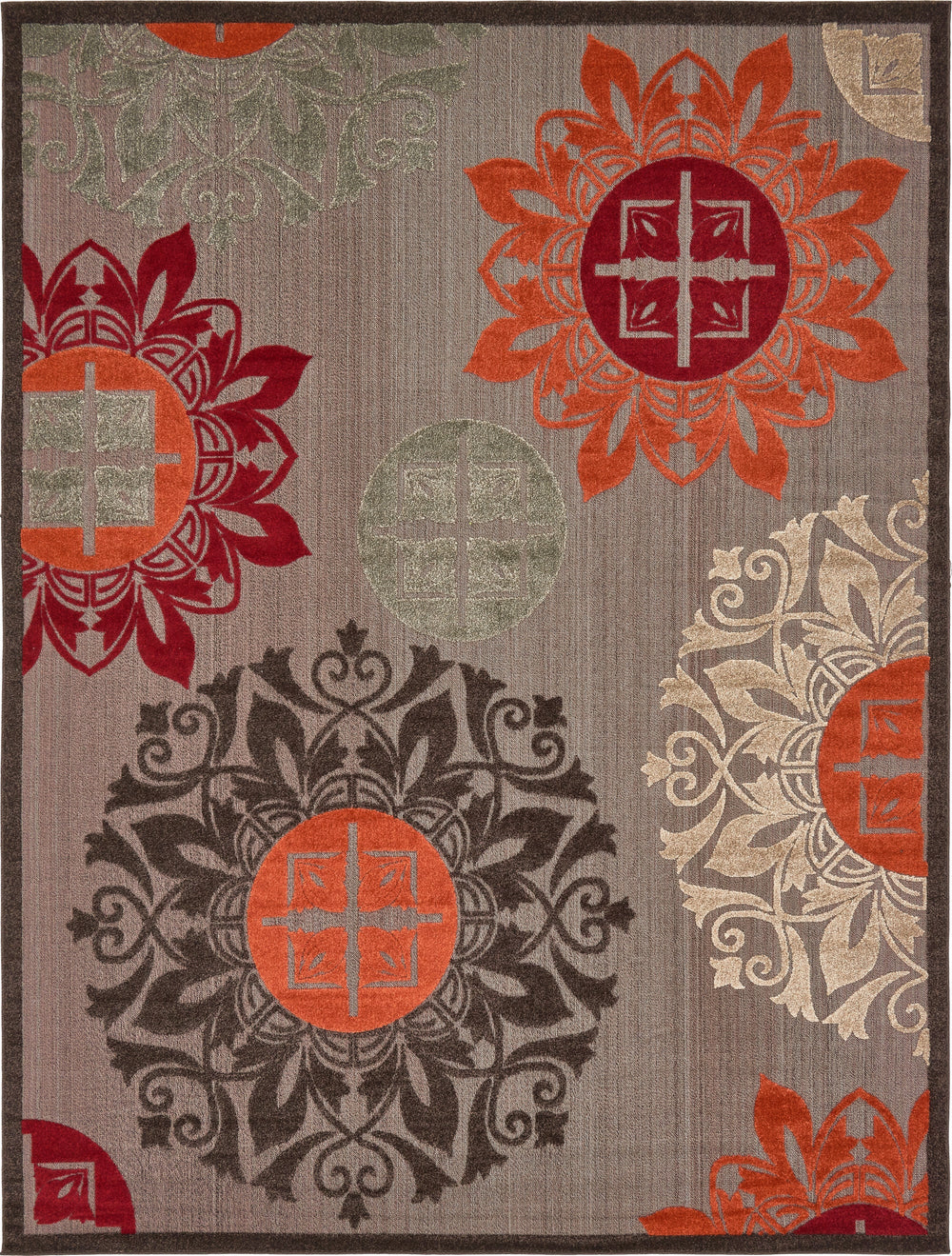 Unique Loom Outdoor Modern Chicago Machine Made Medallion Rug Brown, Orange/Red/Beige/Gray 9' 0" x 12' 2"