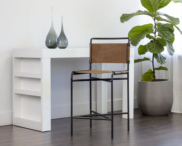 Sunpan Corrigan Mid-Century Modern Barstool in Cognac Leather with Matte Black Steel Base – Unique Design Counter Height