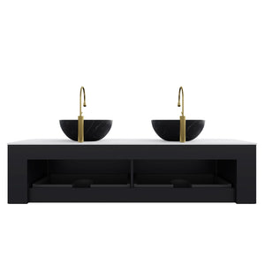 English Elm Dina 60 Inch Floating Bathroom Vanity Sintered Stone Top Dual Glass Basins Wood Grain Black,White W2615S00267