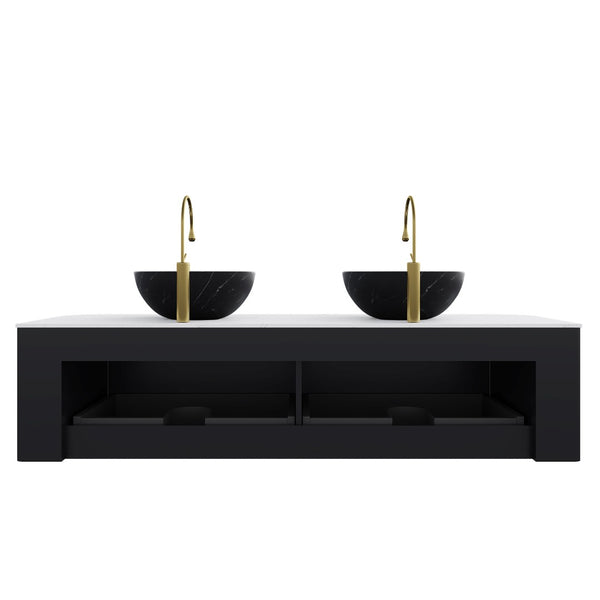 English Elm Dina 60 Inch Floating Bathroom Vanity Sintered Stone Top Dual Glass Basins Wood Grain Black,White W2615S00267