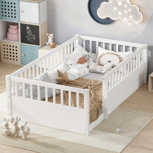 English Elm Twin Montessori Floor Bed Frame for Kids – Pine Playroom Bed with Fence for Reading & Imaginative Play White W1580P307878