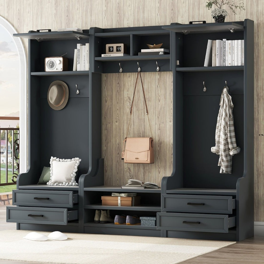 English Elm 4-in-1 Modular Entryway Hall Tree with Seven Hooks Drawers and Antique Blue Bench W1580S00491