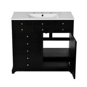 English Elm 36'' Bathroom Vanity with Ceramic Sink Combines Retro Solid Wood Frame, Soft-Close Drawers & Ample Storage Black N710P195628B