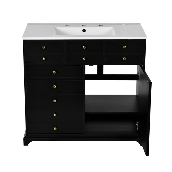 English Elm 36'' Bathroom Vanity with Ceramic Sink Combines Retro Solid Wood Frame, Soft-Close Drawers & Ample Storage Black N710P195628B