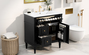 English Elm 30" Freestanding Bathroom Vanity Rubberwood Frame Ceramic Sink Flip Drawer Storage Black N725P356062B