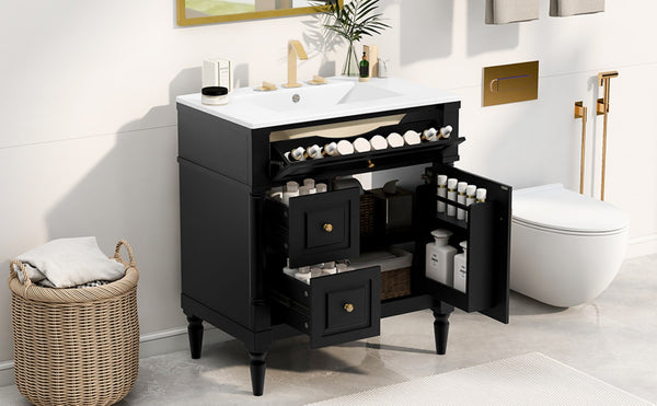 English Elm 30" Freestanding Bathroom Vanity Rubberwood Frame Ceramic Sink Flip Drawer Storage Black N725P356062B