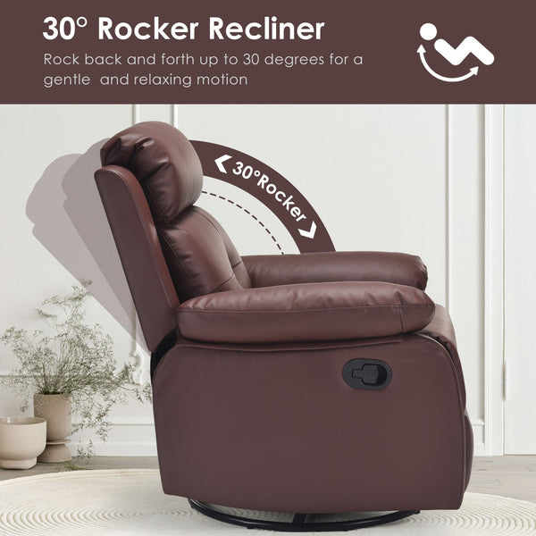 English Elm Small Rocker Swivel Recliner Chair with 360° Swivel, 30° Rocking and Adjustable 90–150° Recline Comfortability Brown T3623P380479