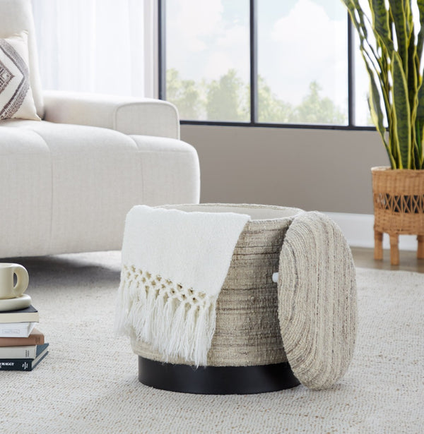 English Elm 18" Handwoven Wool Storage Ottoman with Black Metal Base for Modern Living Rooms B202P471517