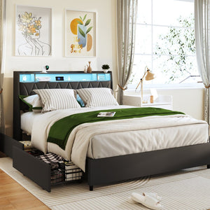 English Elm Queen Metal Platform Bed with Ergonomic Headboard Built-in Outlets and Storage Shelf W3107S00006