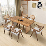 English Elm 70.87 Inch Large Rectangular Dining Set,5 Piece s Wooden Dining Table and Chairs,Mid Century Modern Large Kitchen Set For Living Room,Bohemian Dining Table With Rattan Weave For Restaurant,Office,Oak