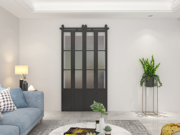 English Elm 30 in Matte Black Steel Sliding Barn Door Frosted Glass Privacy Panel with Hardware B2763P483213