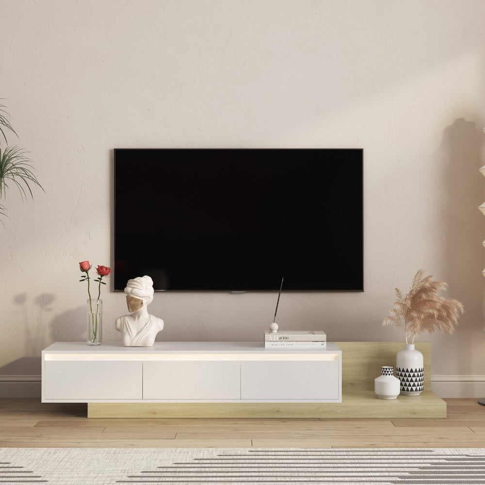 English Elm Modern Low Profile Media Cabinet with Led Lighting and Wood Storage for Living Room W1321P401002