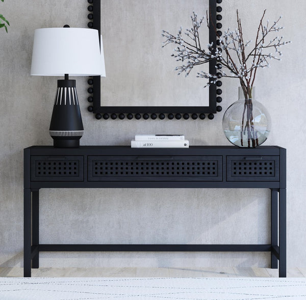 Basset Mirror Pentak Console Table - Modern Bohemian Design With Industrial Flair, 3 Drawers, Unique Mango Wood Black Solid Mango 8235-lr-400