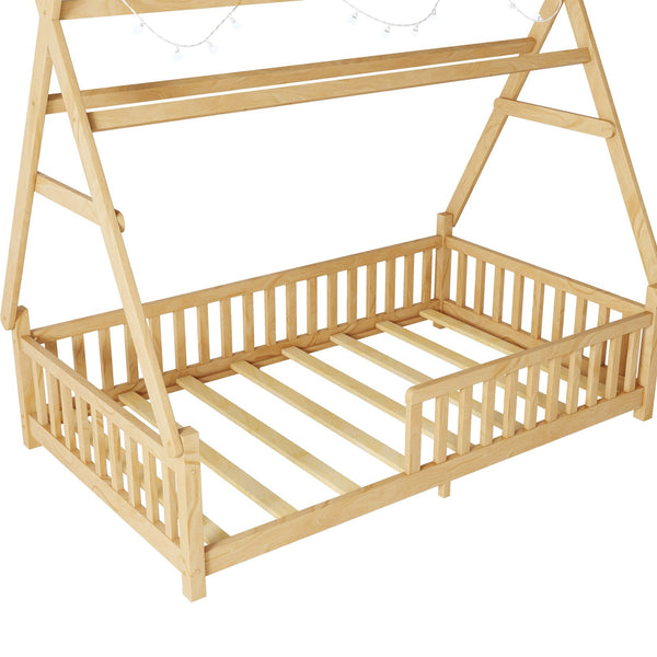 English Elm Twin House Bed with Roof and Guardrails, Low Floor Kids Playhouse Bed with Tent and Lights, Cozy Design Natural 80.91 L x 15.55 W x 6.5 H W2593P296911