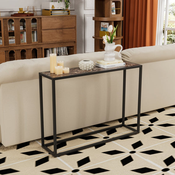 English Elm Narrow industrial console table with marble-edge wrap, space-saving foyer shelf, sturdy metal frame W578P357536