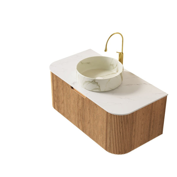 English Elm Dina Floating Bathroom Vanity Sintered Stone Top Glass Basin Striped Plywood Cabinet W2615S00441