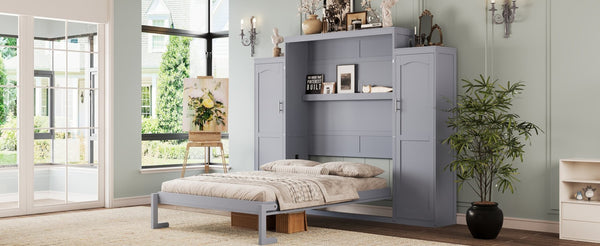 English Elm Queen Murphy Wall Bed Gray Pine Platform Frame with Dual Wardrobe Storage Shelves N733S339767E