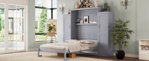 English Elm Queen Murphy Wall Bed Walnut Wooden Frame Dual Wardrobes Foldable Guest Room Storage N733S235627E