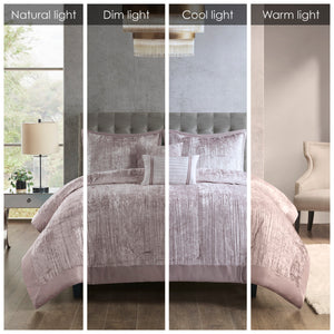 English Elm 5 Piece Crinkle Velvet Comforter Set King/Cal King Luxe Glam Crushed Pleat Charmeuse Trim, Hypoallergenic Filling Blush 19.29 L x 23.62 W x 12.2 H B035P148352